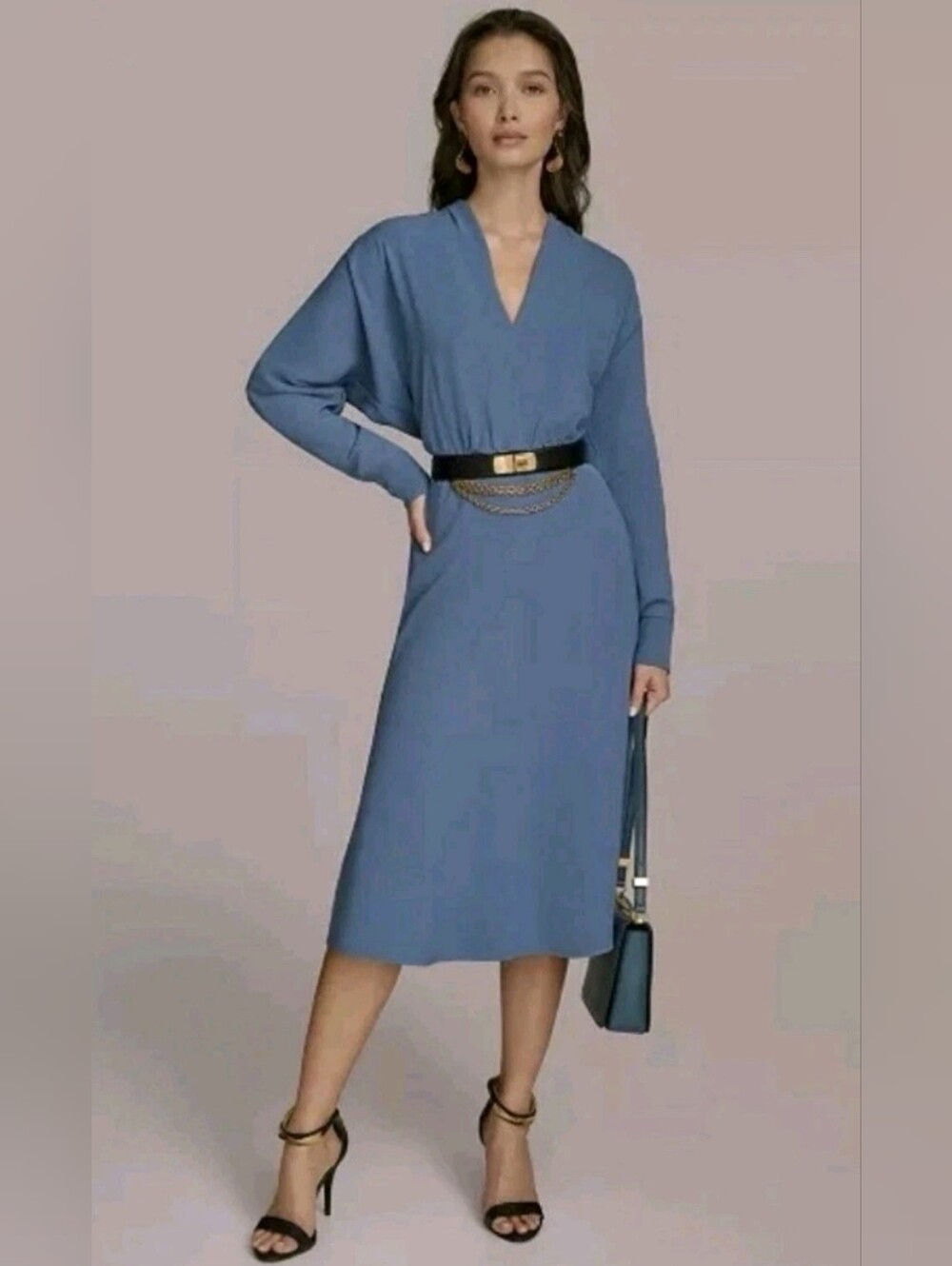 Donna Karan Slate Blue V-Neck Long Sleeve Midi Dress
